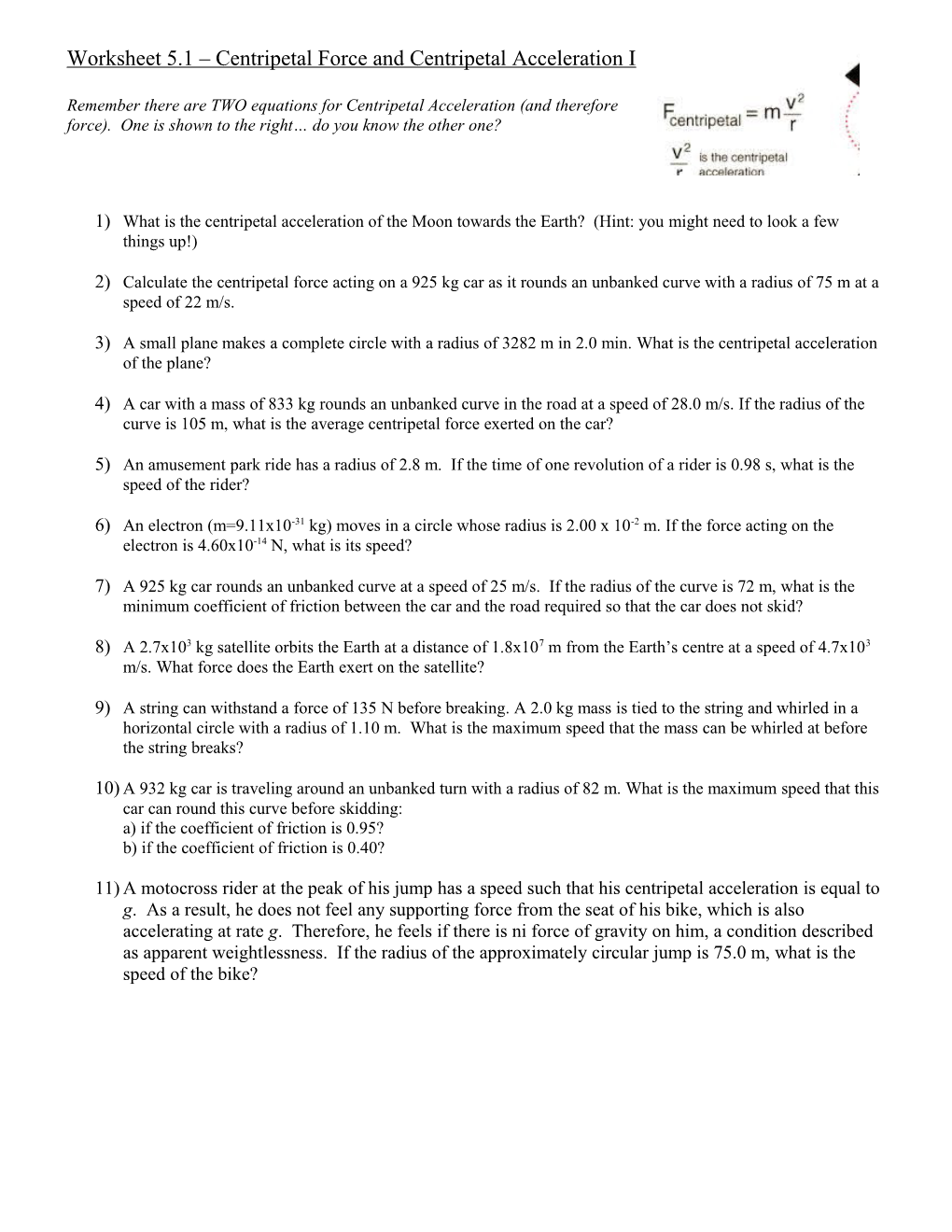 Centripetal Force Worksheet