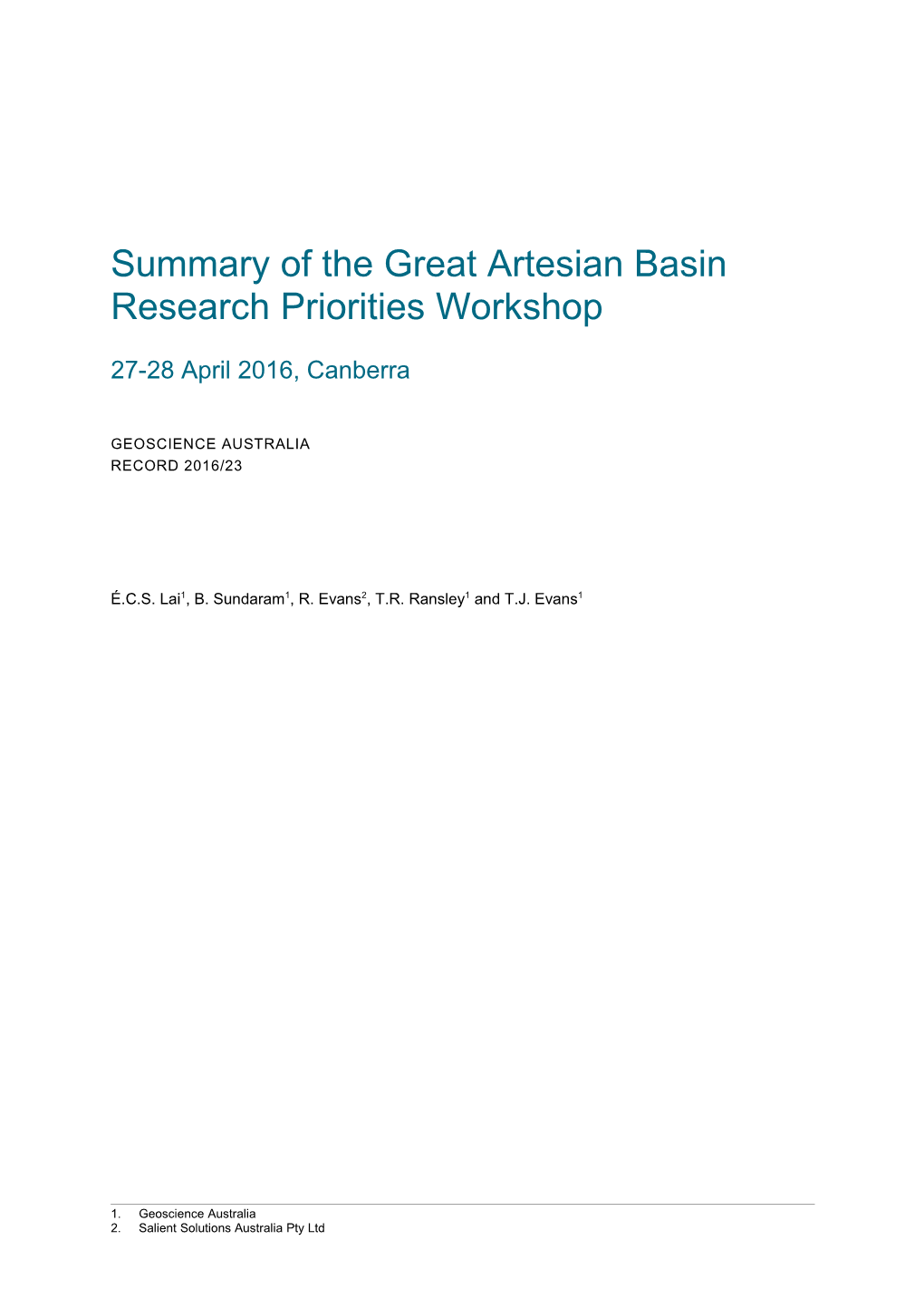Summary of the Great Artesian Basin Research Priorities Workshop