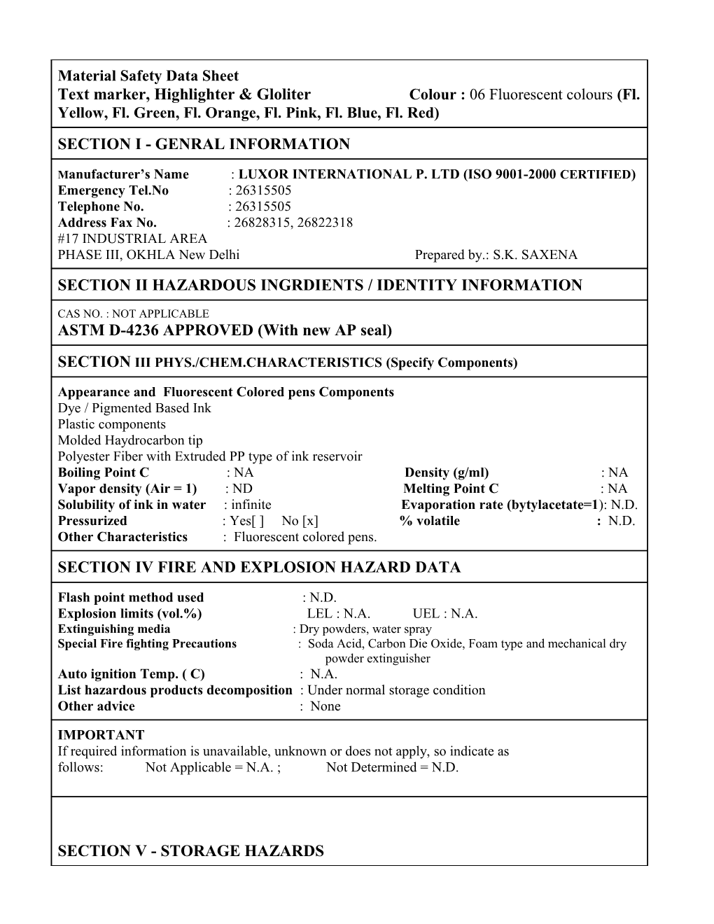 Material Safety Data Sheet Tex