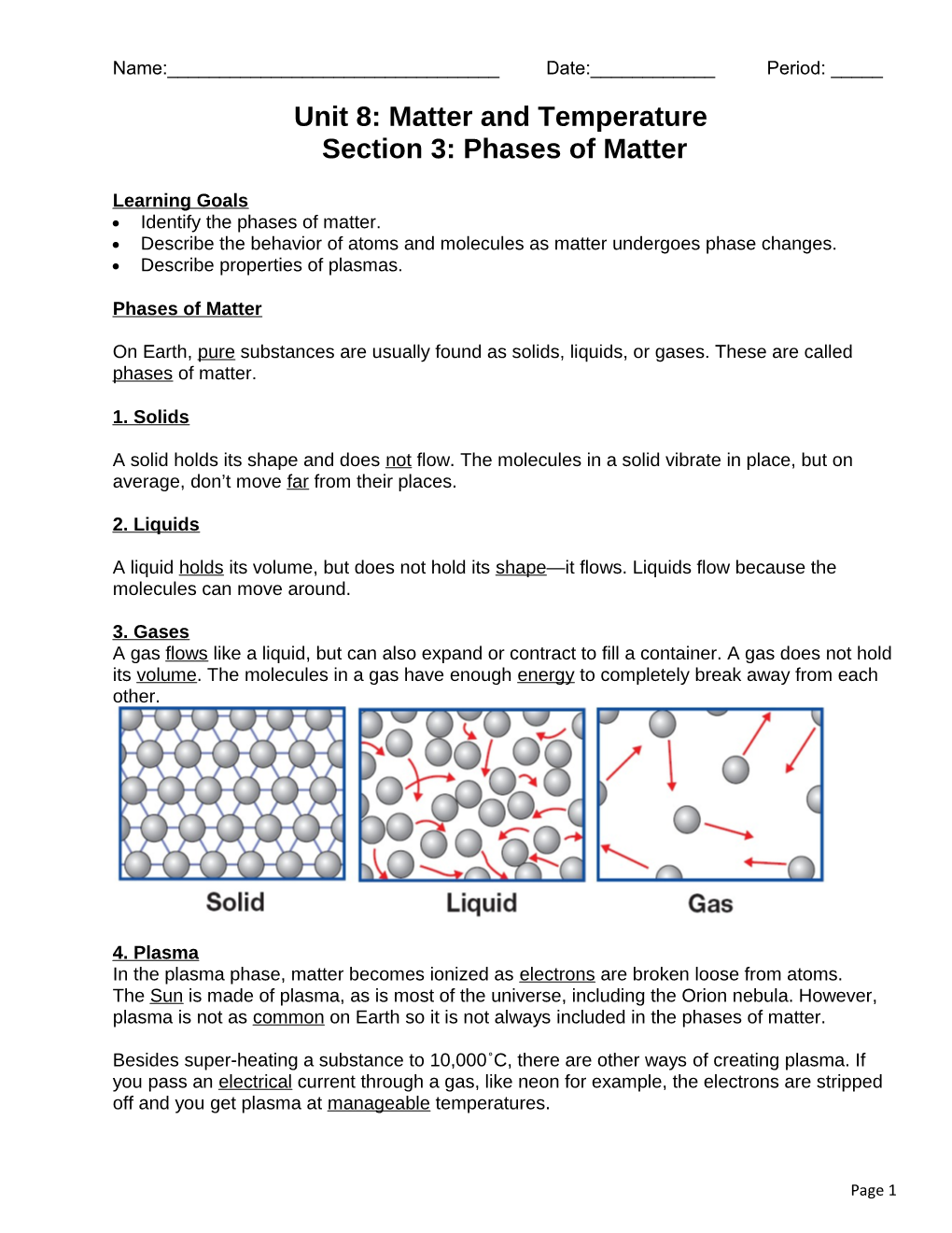 Unit 8: Matter and Temperature