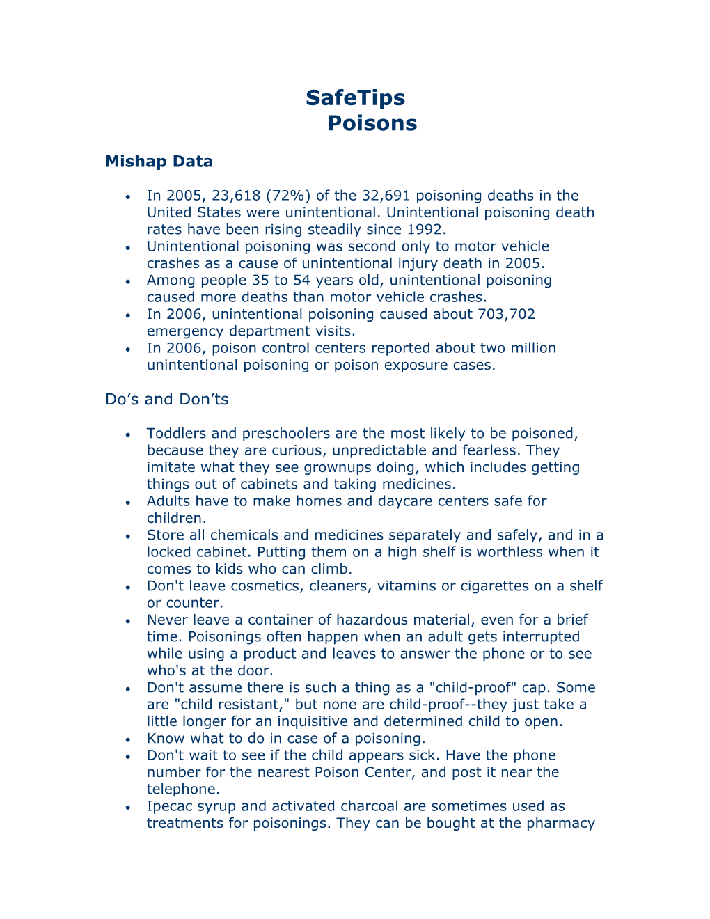 In 2006, Unintentional Poisoning Caused About 703,702 Emergency Department Visits