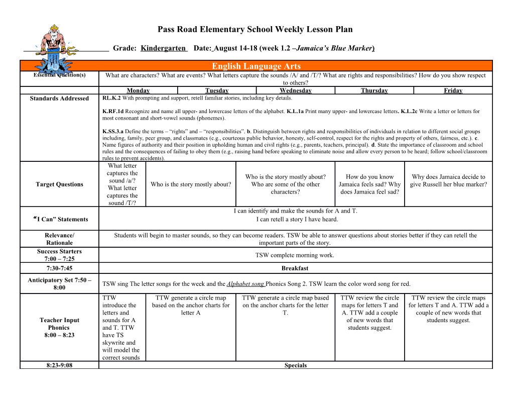 Grade: Kindergarten Date: August 14-18 (Week 1.2 Jamaica S Blue Marker)