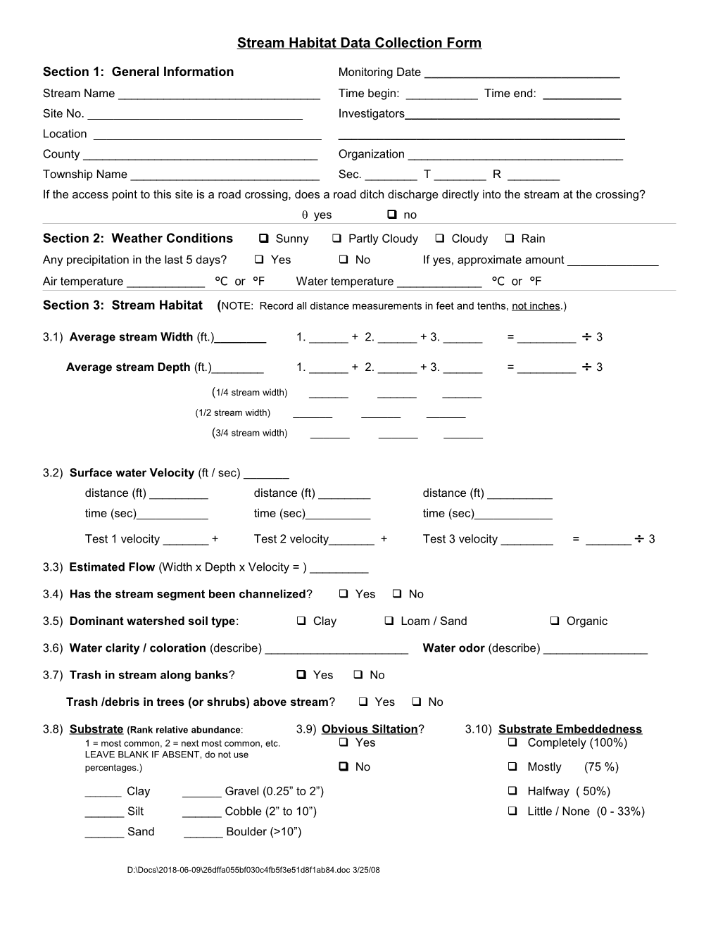 Volunteer Stream Survey Form