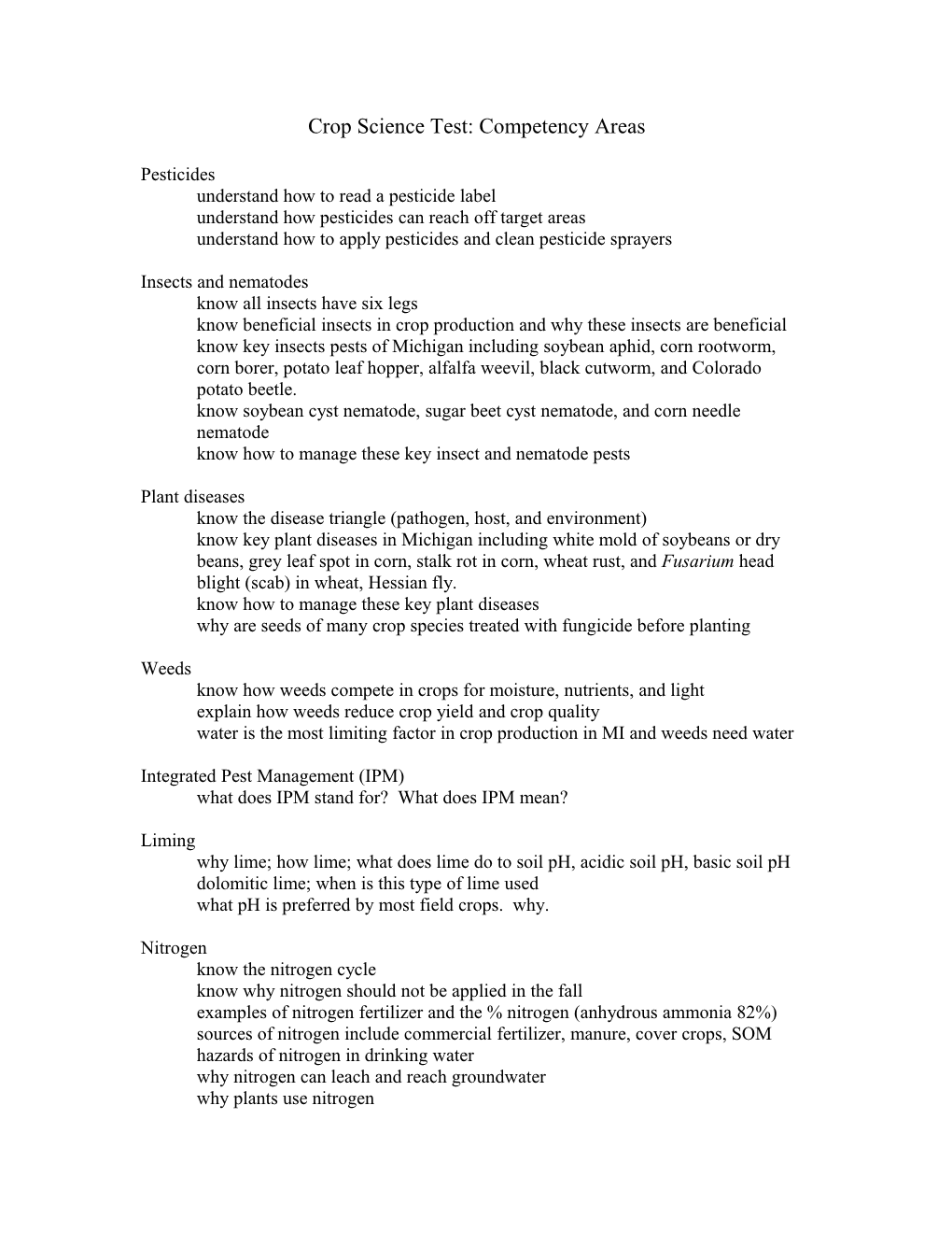 Crop Science Test: Competency Areas