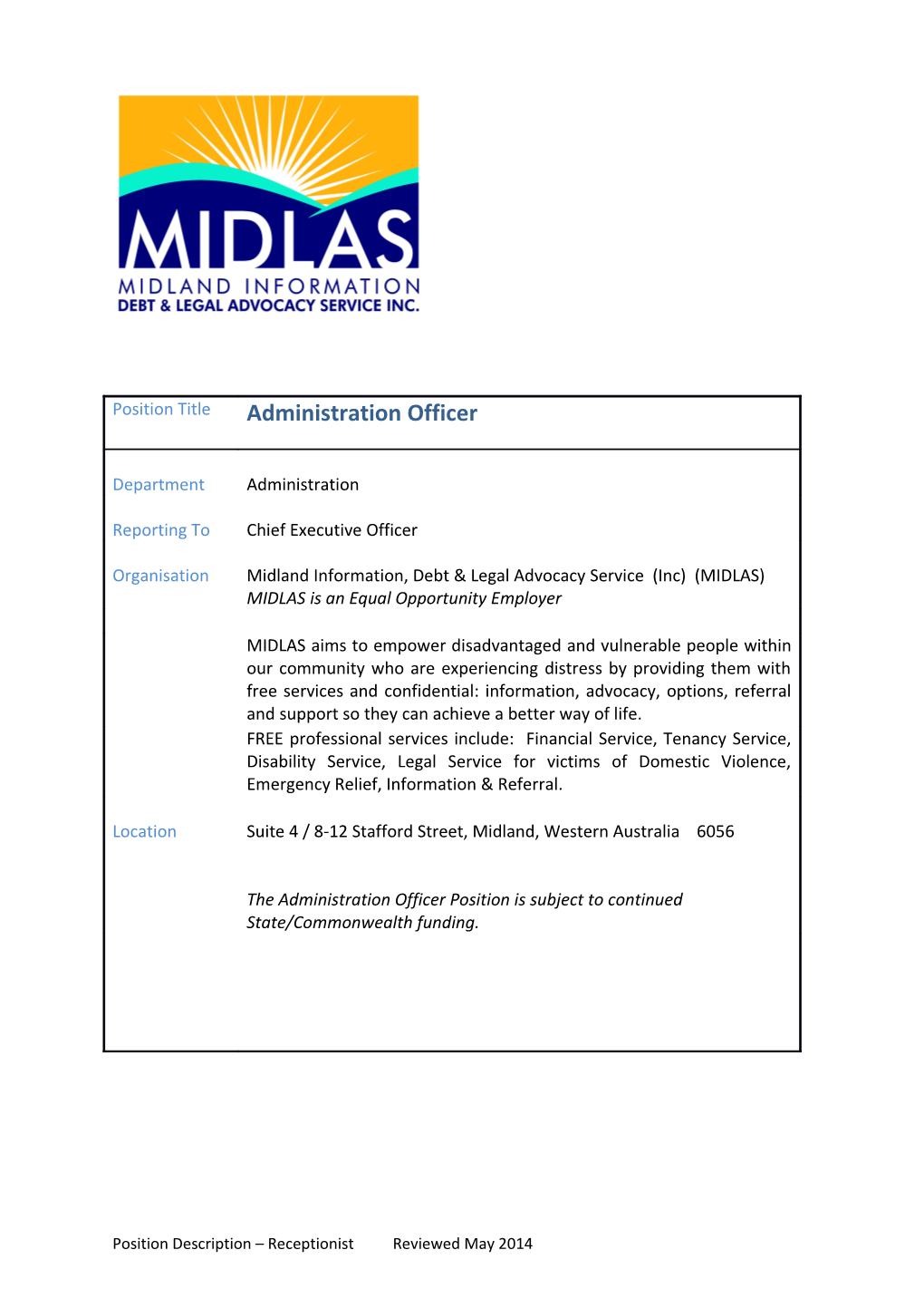 Position Description Receptionist Reviewed May 2014