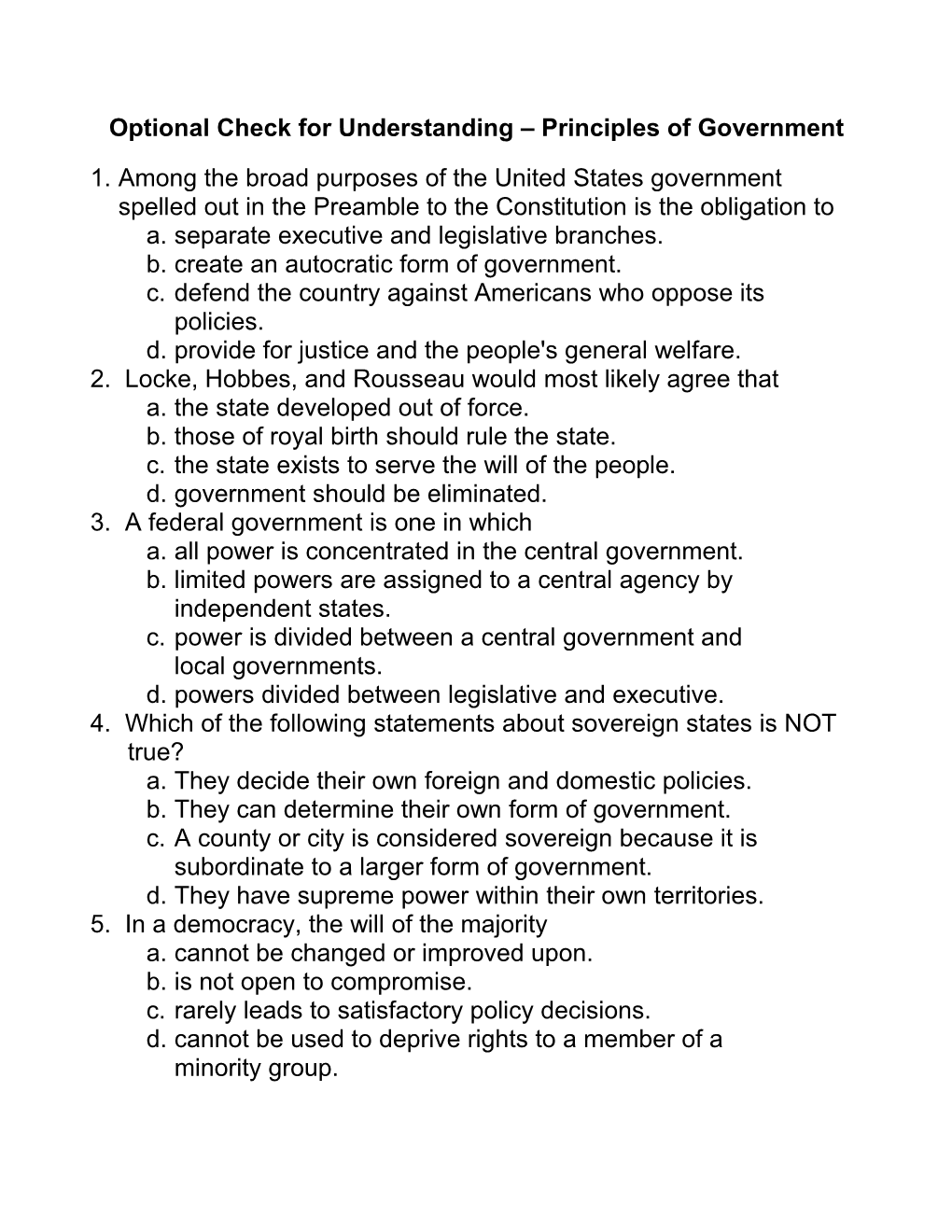 Optional Check for Understanding Principles of Government