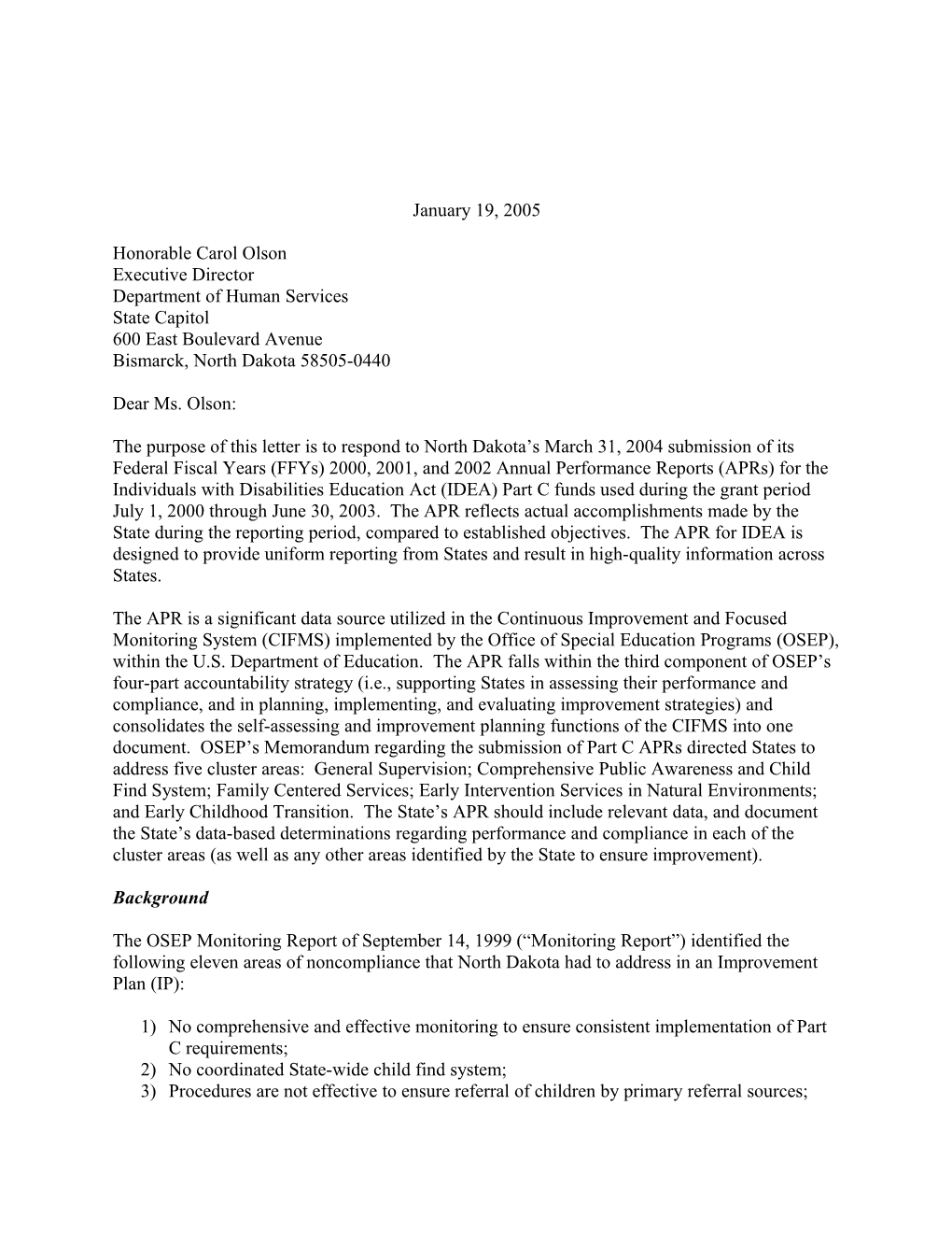 North Dakota Part C APR Letter, 2002-2003 (MS Word)