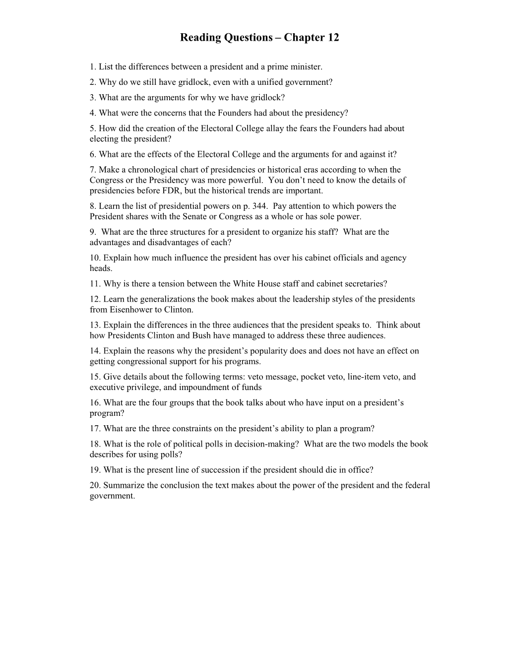 Reading Questions Chapter 12