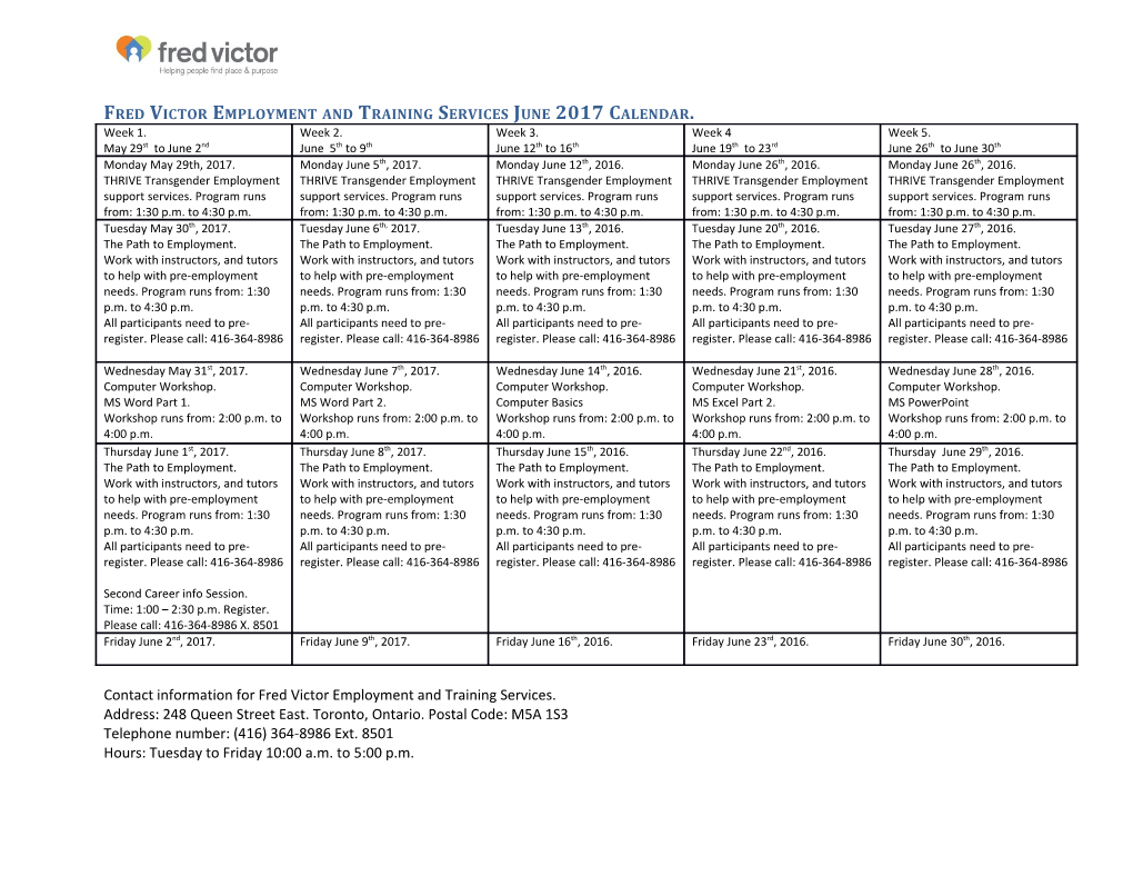 Fred Victor Employment and Training Services June2017calendar