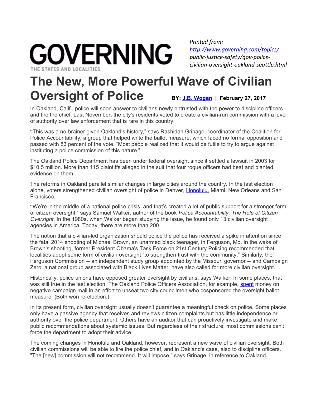 The New, More Powerful Wave of Civilian Oversight of Police BY: J.B. Wogan February 27, 2017