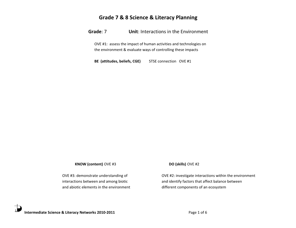 Grade 7 & 8 Science & Literacy Planning