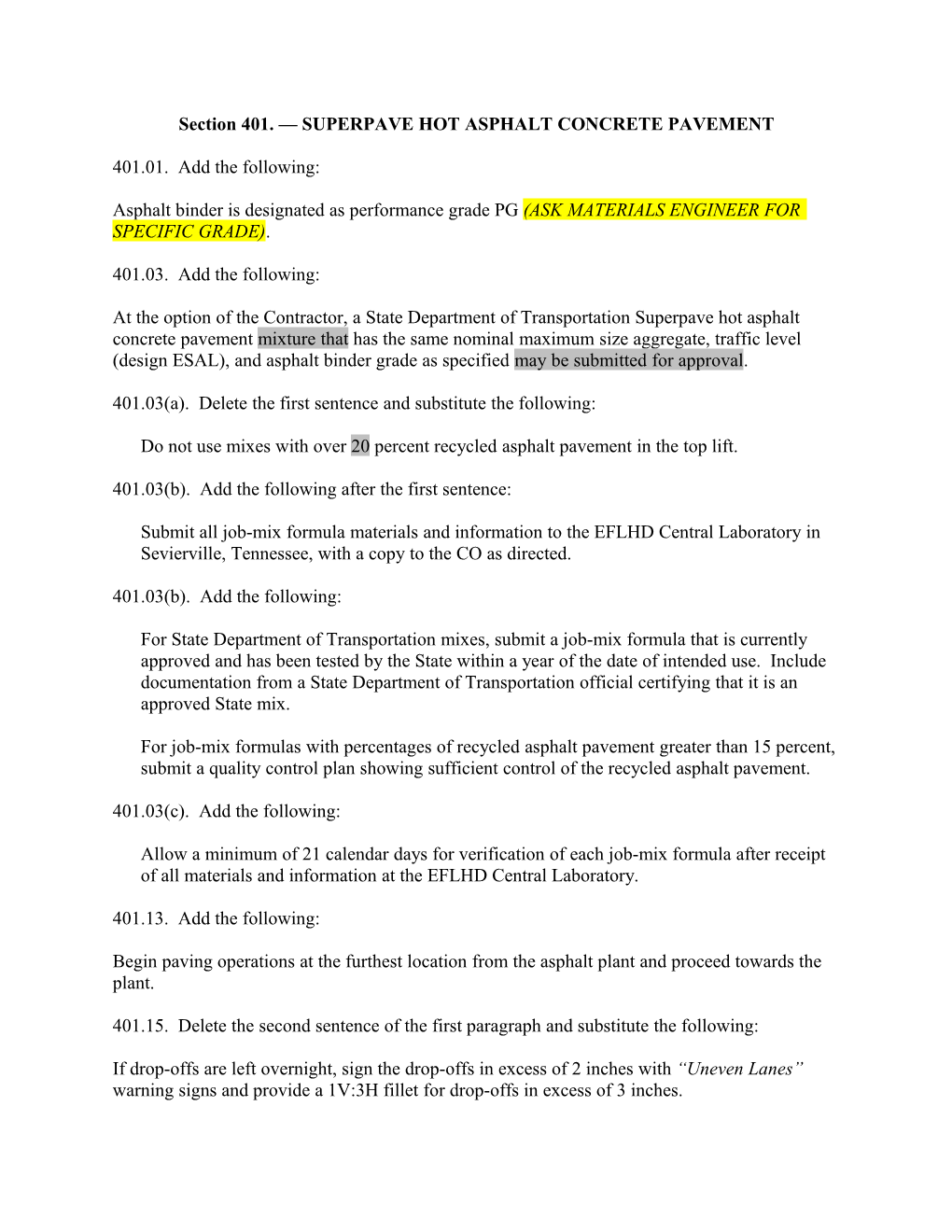 Section 401. SUPERPAVE HOT ASPHALT CONCRETE PAVEMENT