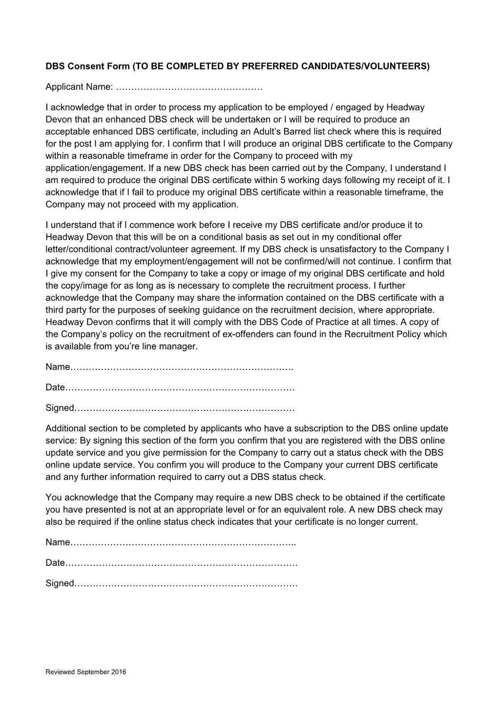DBS Consent Form (TO BE COMPLETED by PREFERRED CANDIDATES/VOLUNTEERS)