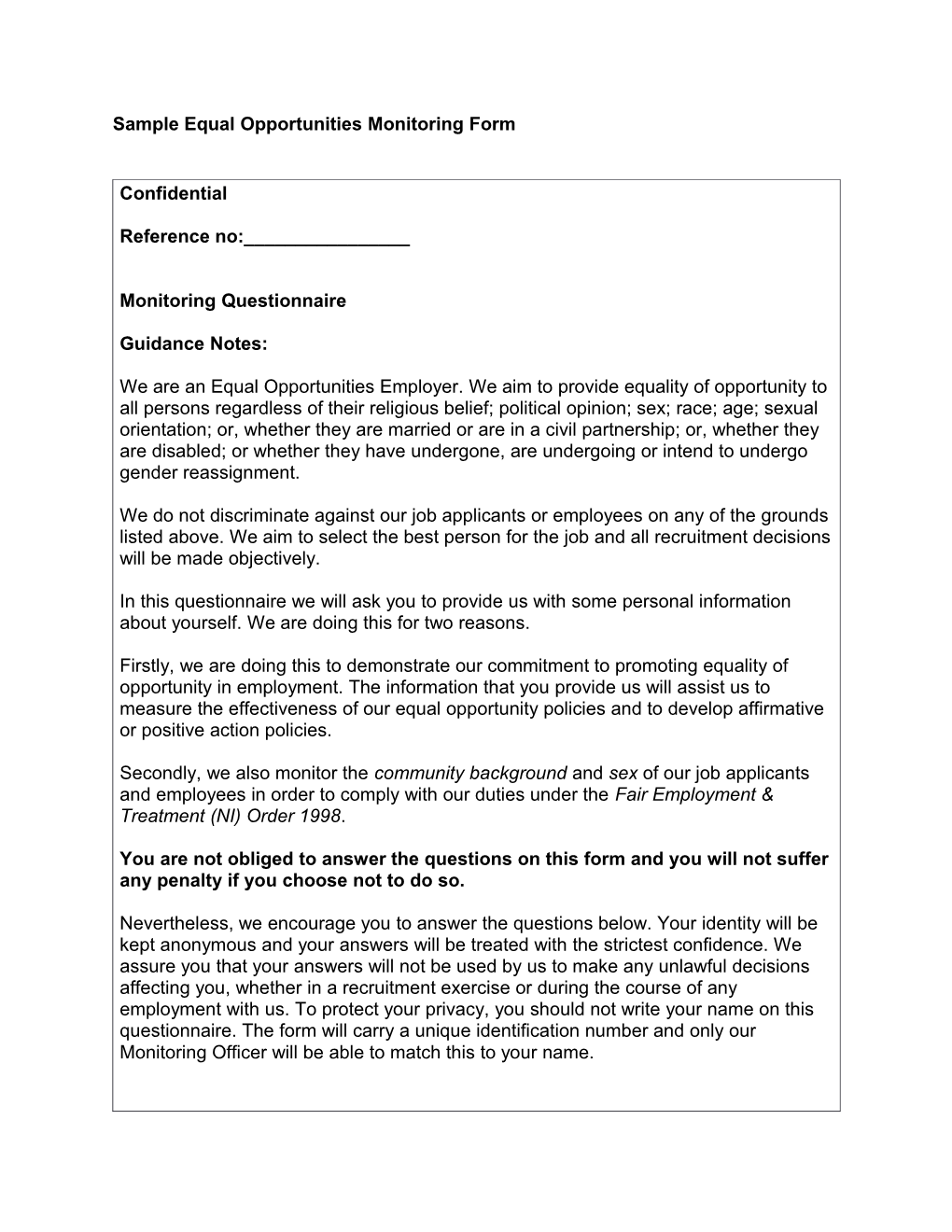 Sample Equal Opportunities Monitoring Form