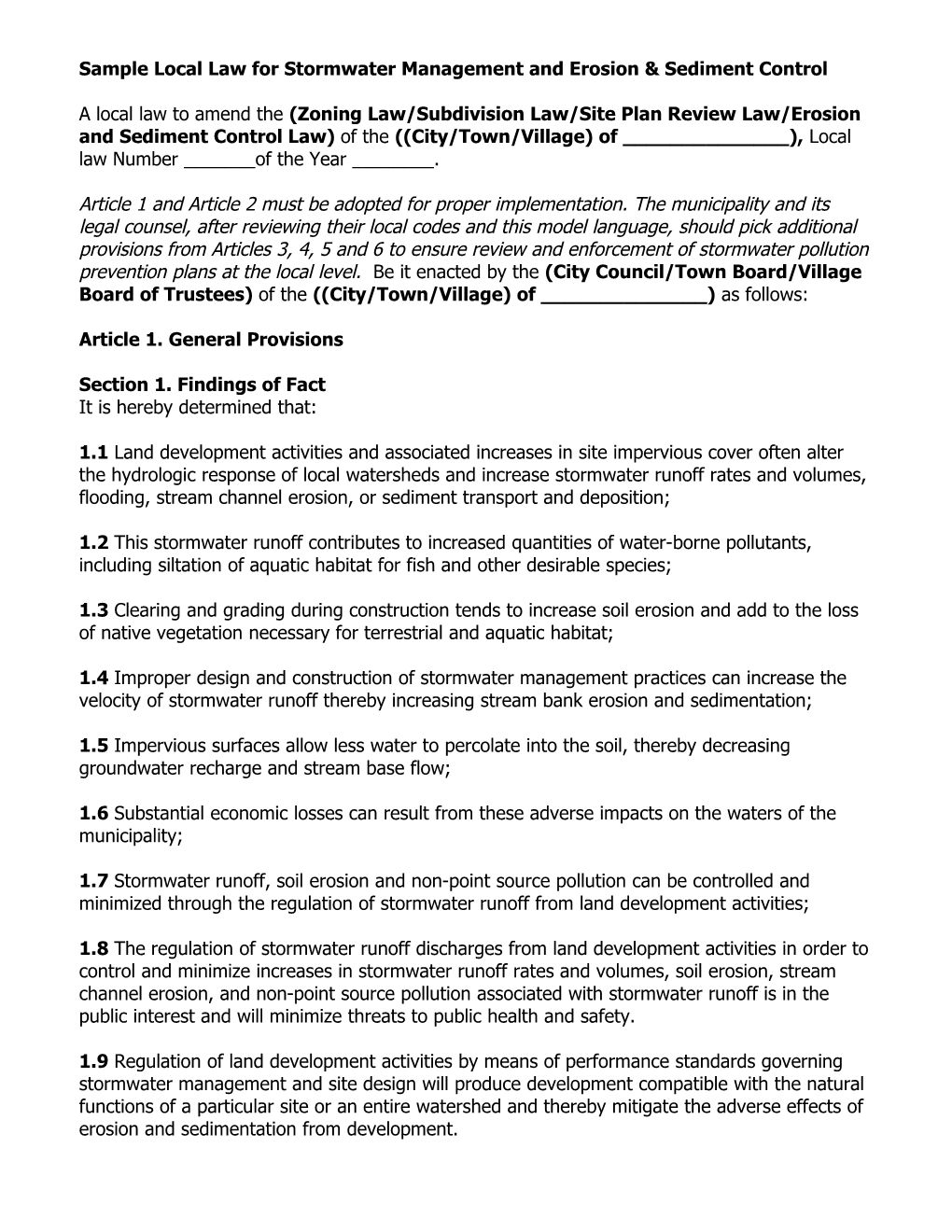 Sample Local Law for Stormwater Management and Erosion & Sediment Control