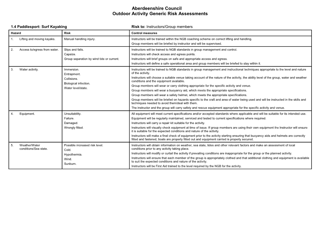 Outdoor Activity Generic Risk Assessments