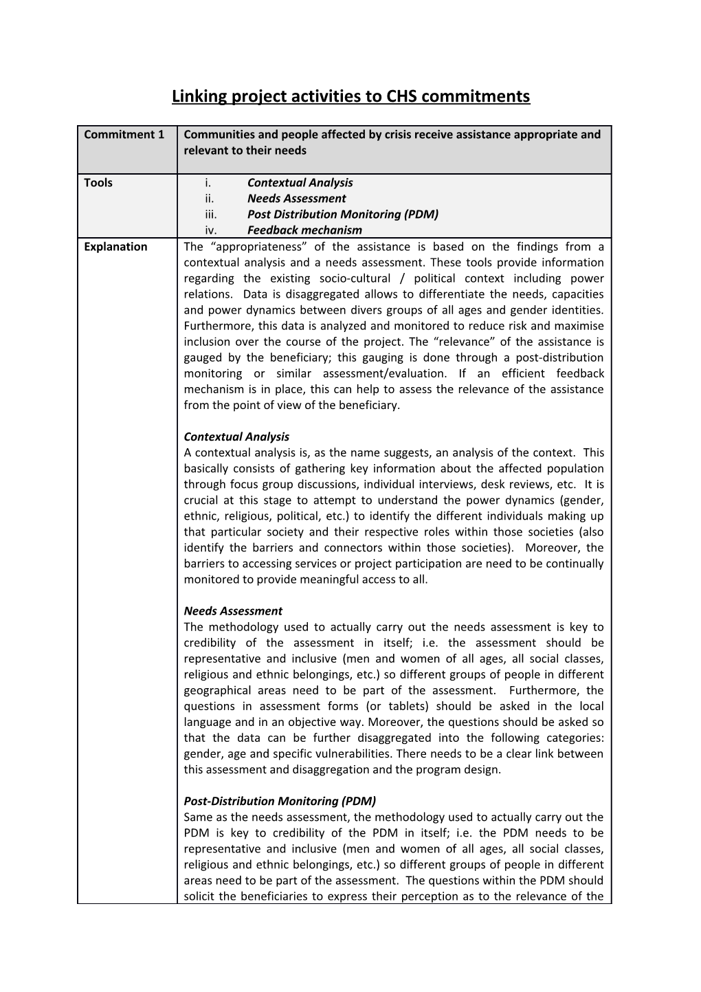 Linking Project Activities to CHS Commitments