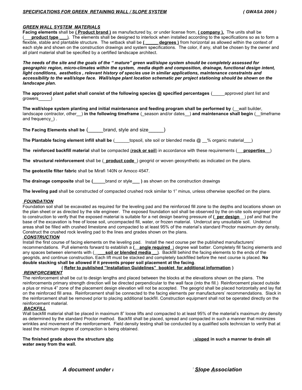 Specifications for Retaining Wall