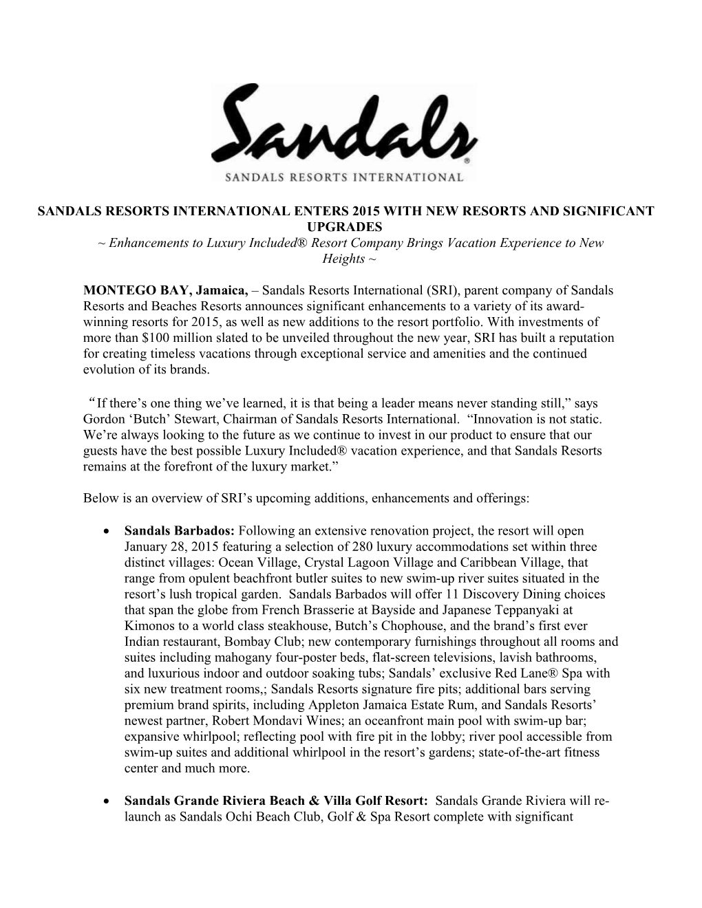 Sandals Resorts International Enters 2015 with New Resorts and Significant Upgrades