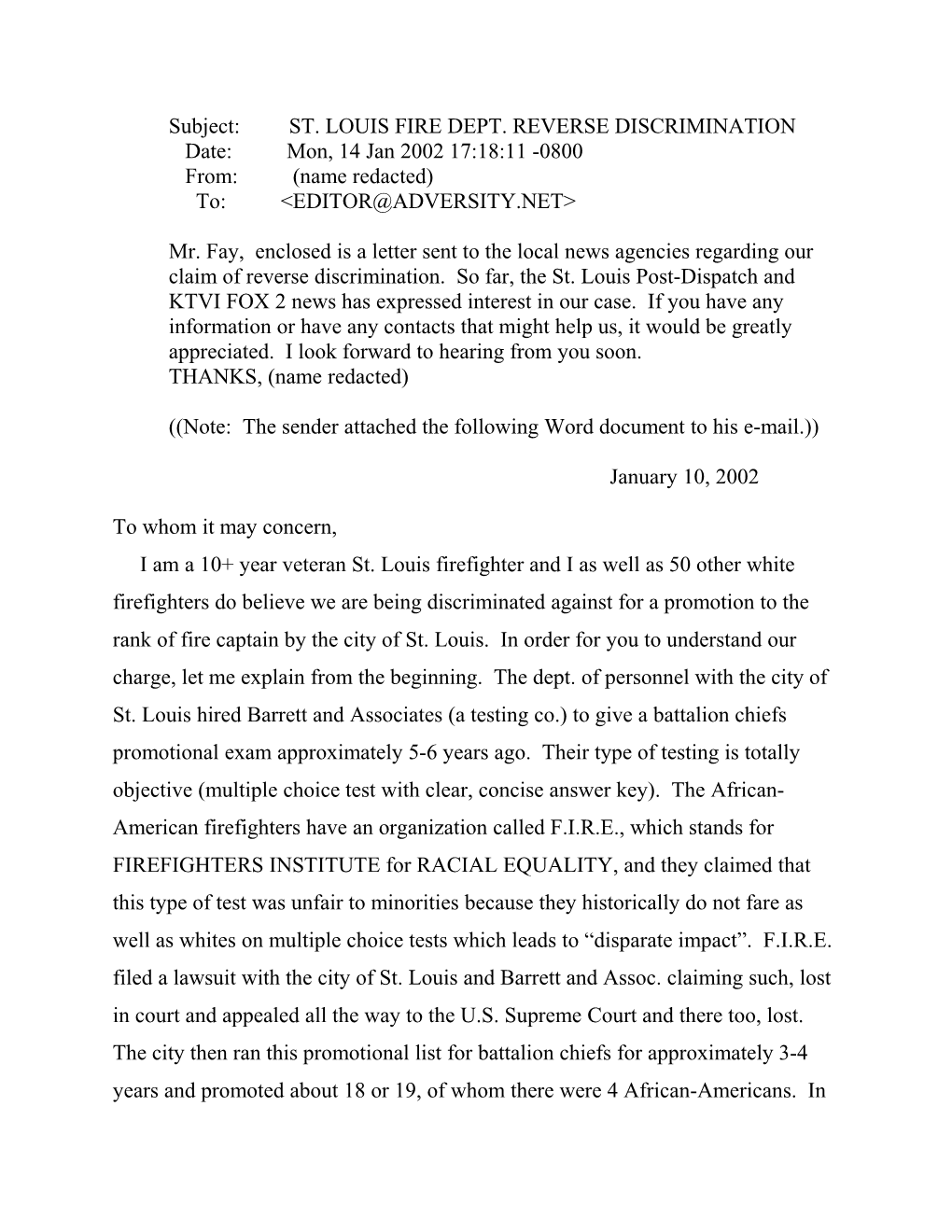 Subject: ST. LOUIS FIRE DEPT. REVERSE DISCRIMINATION