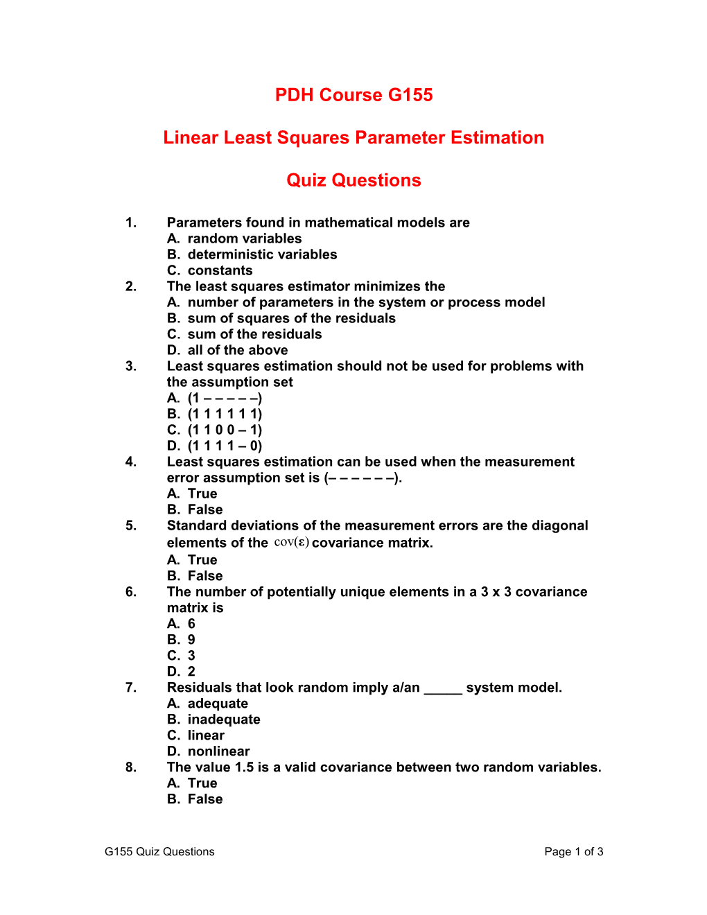 Linear Least Squares Parameter Estimation