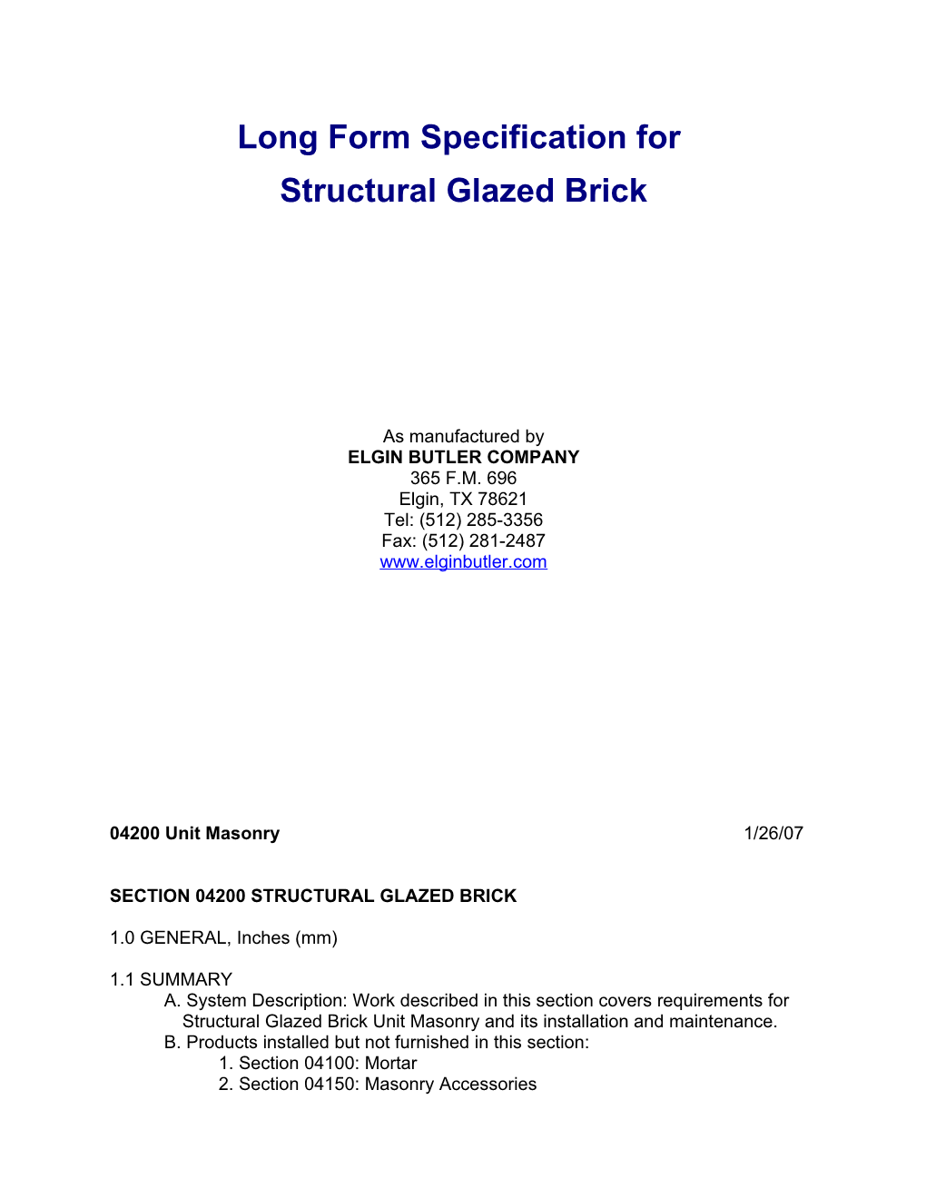 Long Form Specifications for Structural Glazed Brick