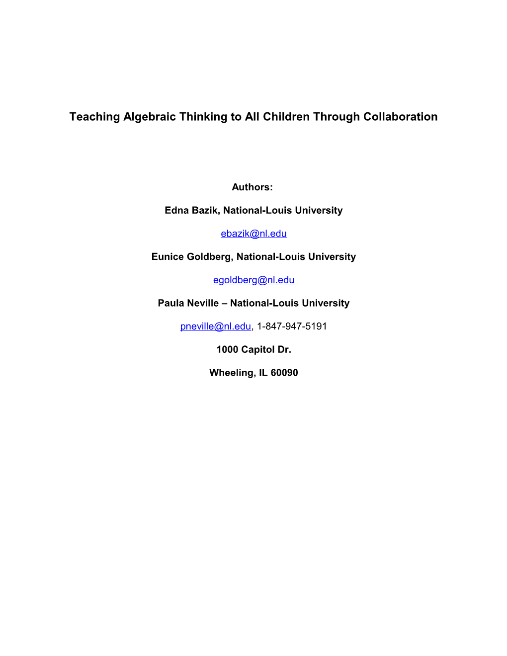 Teaching Algebraic Thinking to All Children Through Collaboration