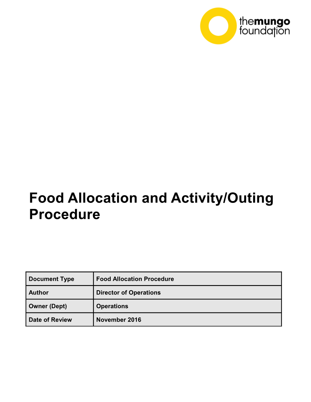 Food Allocationand Activity/Outing Procedure