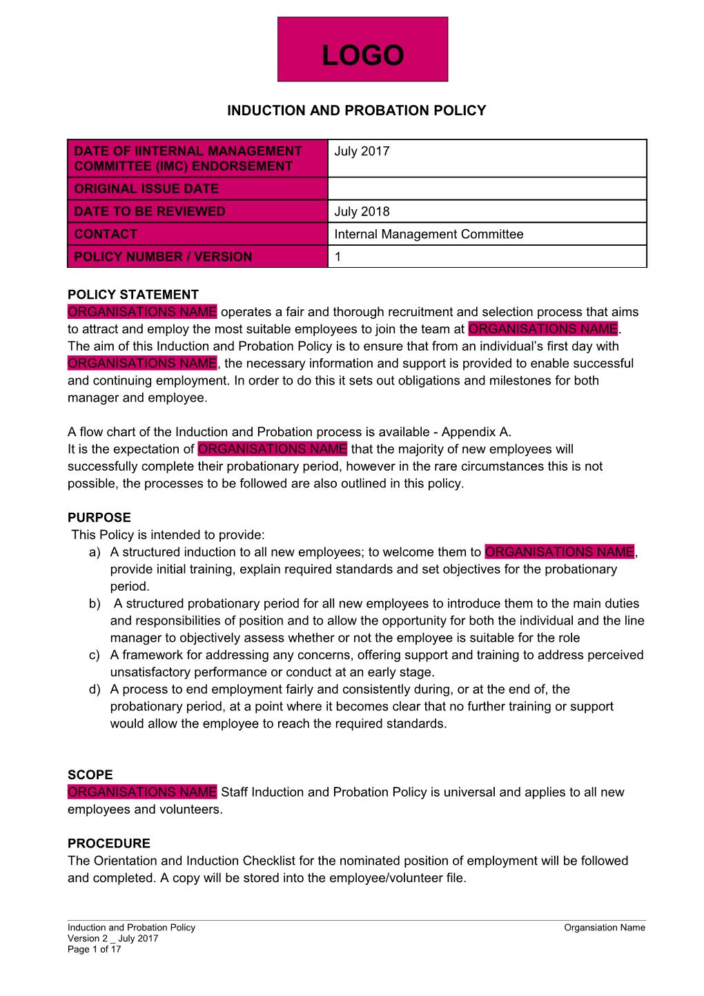 Induction and Probation Policy