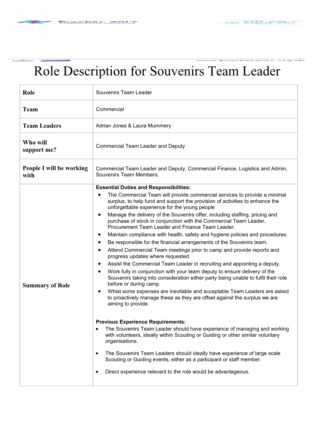 Role Description for Souvenirs Team Leader