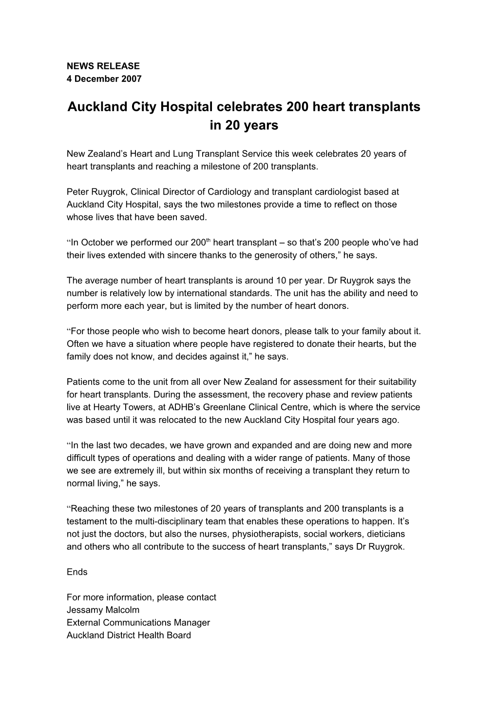 Aucklandcityhospital Celebrates 200 Heart Transplants in 20 Years