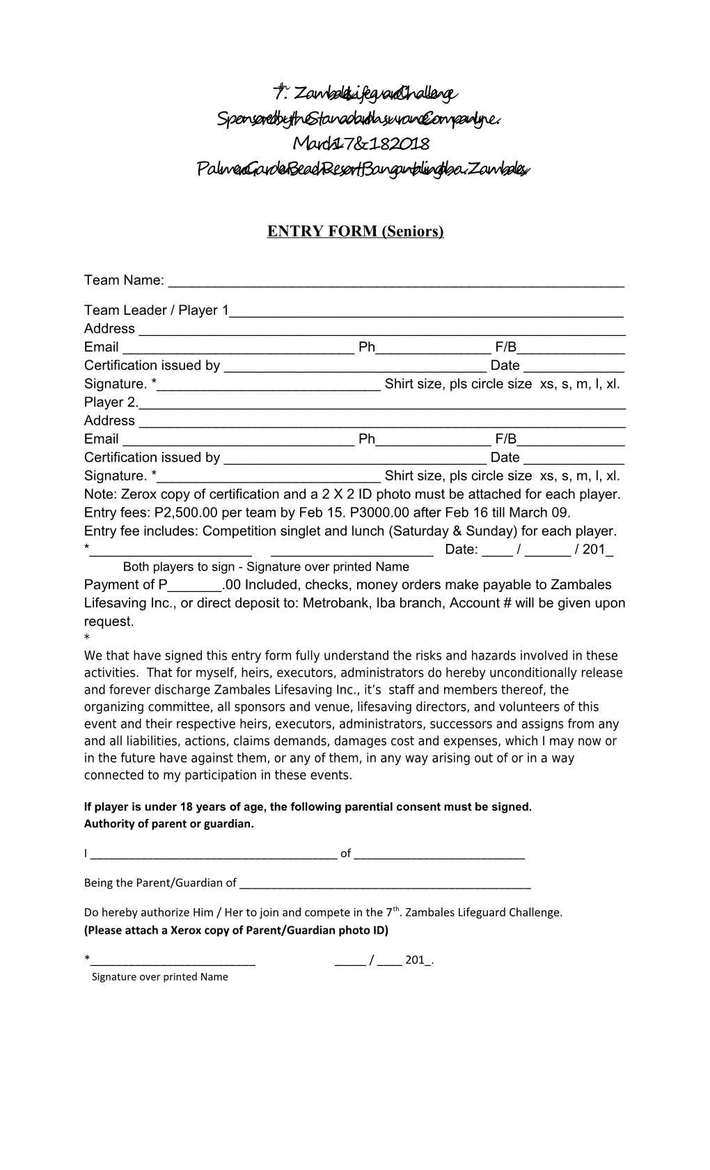 ENTRY FORM (Seniors)