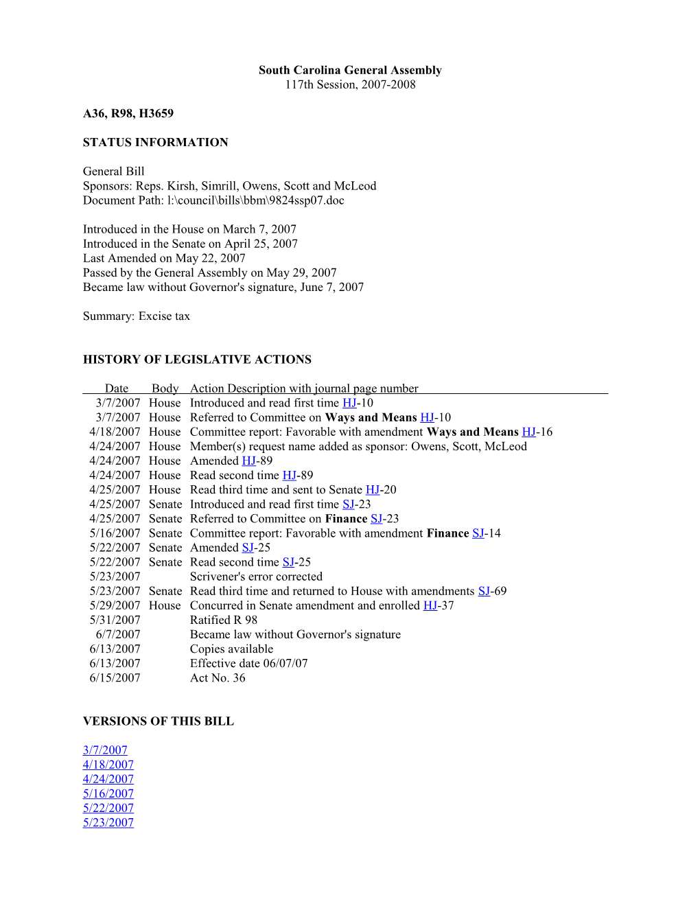 2007-2008 Bill 3659: Excise Tax - South Carolina Legislature Online