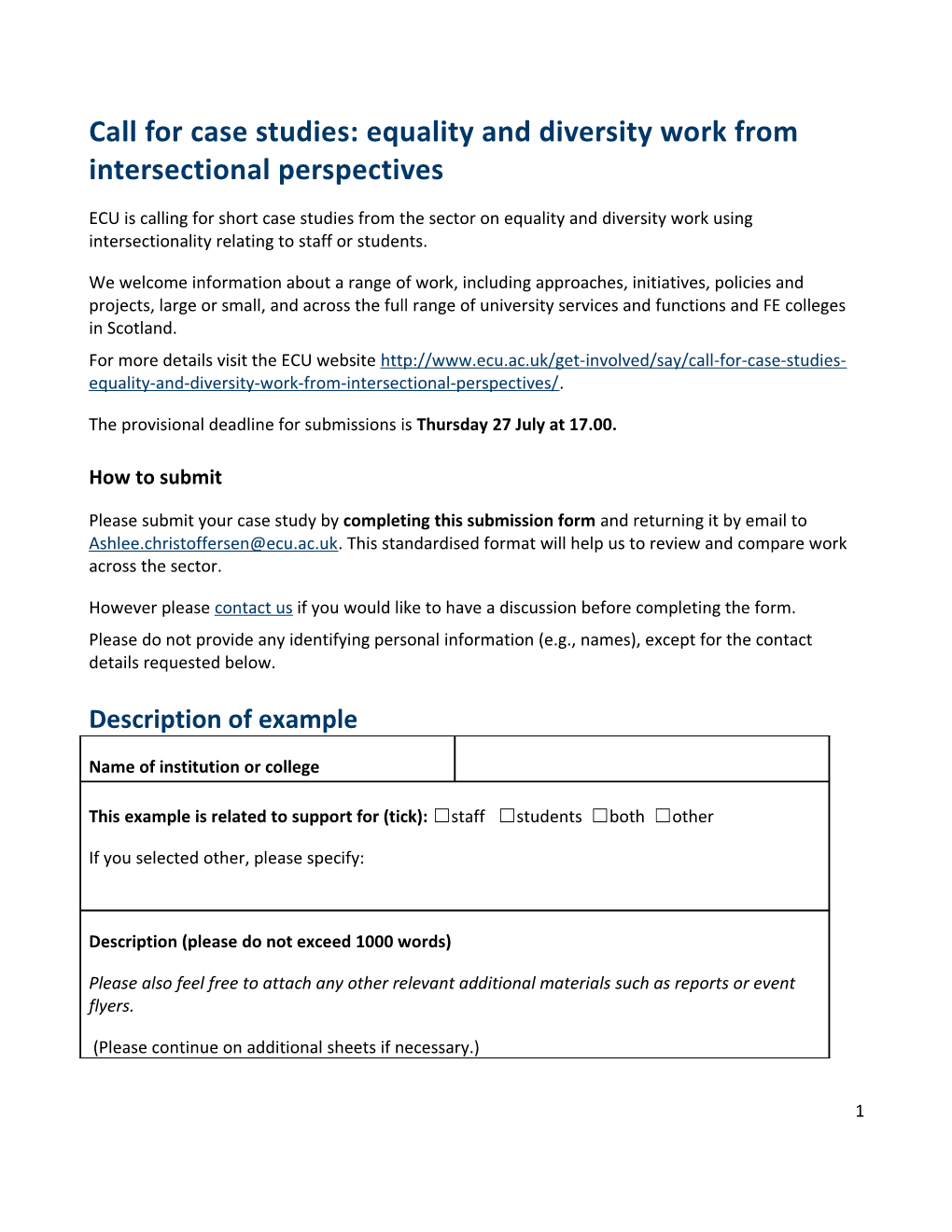 Call for Case Studies: Equality and Diversity Work from Intersectional Perspectives