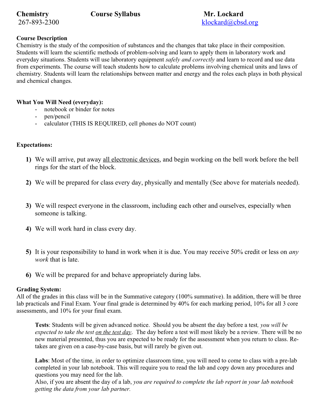 Chemistrycourse Syllabusmr. Lockard