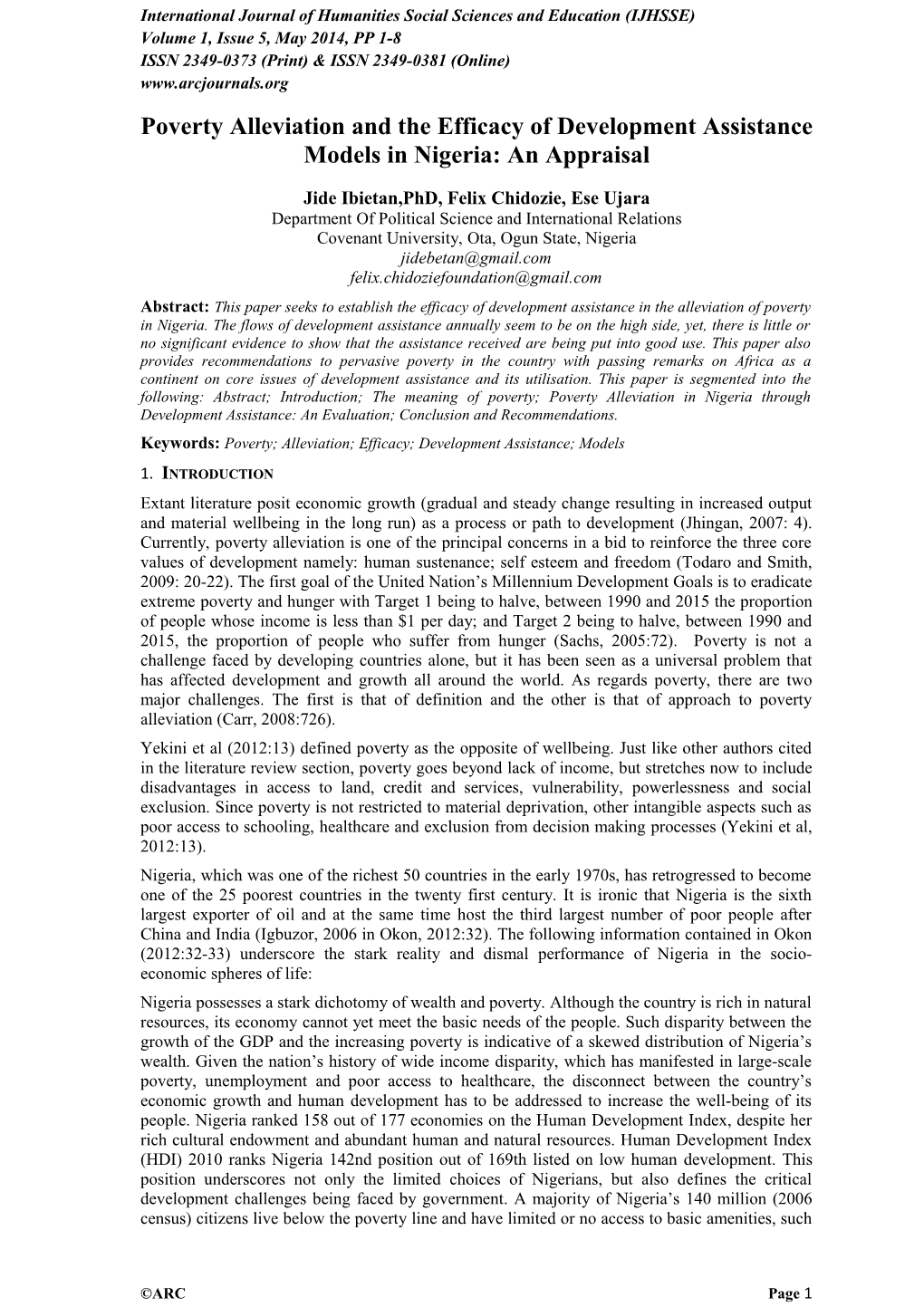 Poverty Alleviation and the Efficacy of Development Assistance Models in Nigeria: an Appraisal