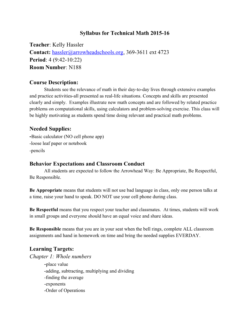 Syllabus for Technical Math 2015-16