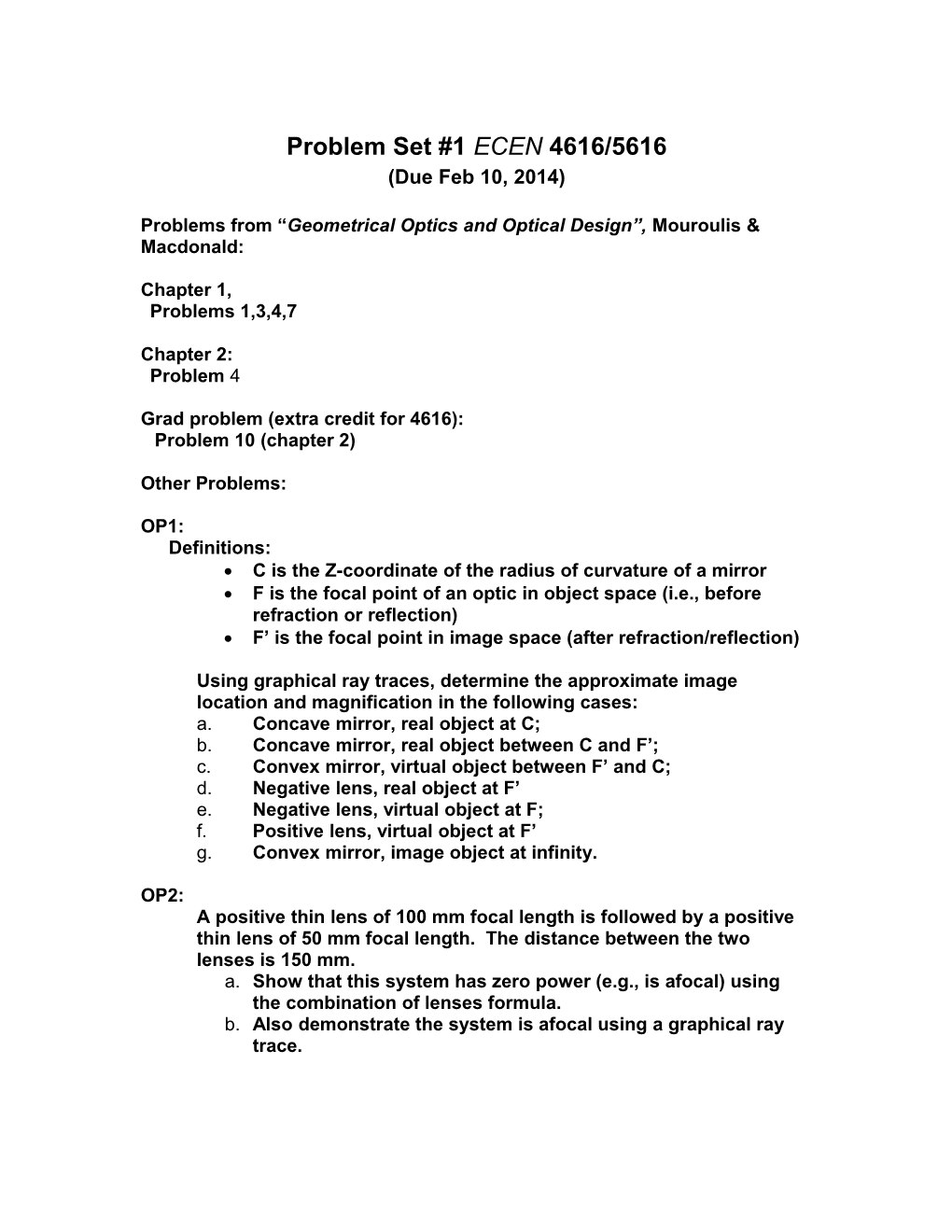 Problems from Geometrical Optics and Optical Design , Mouroulis & Macdonald