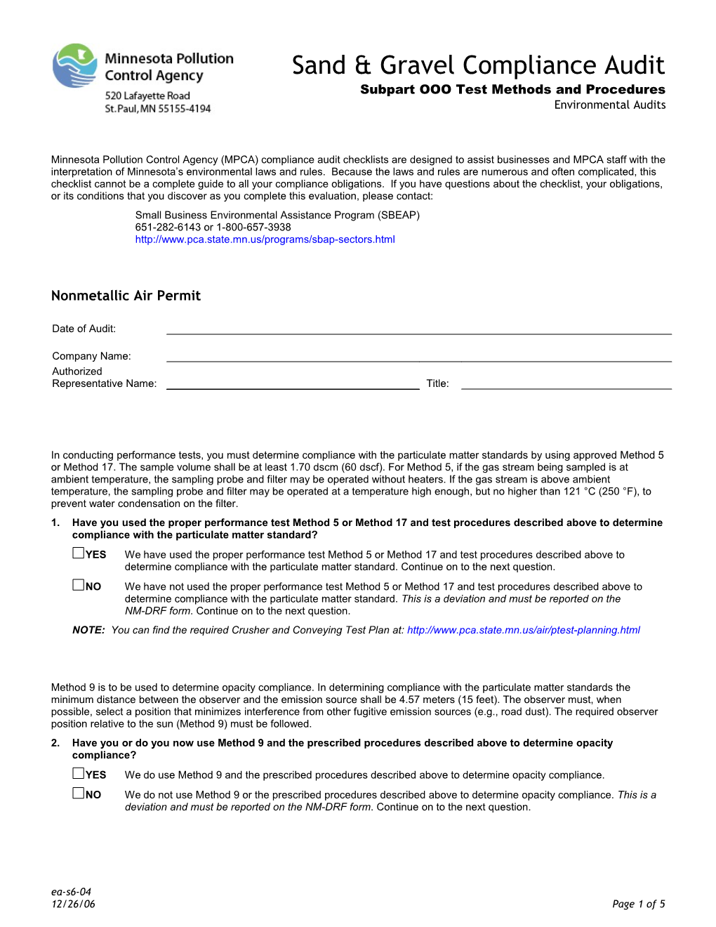 Sand and Gravel Compliance Audit - Subpart OOO Test Methods and Procedures - Environmental