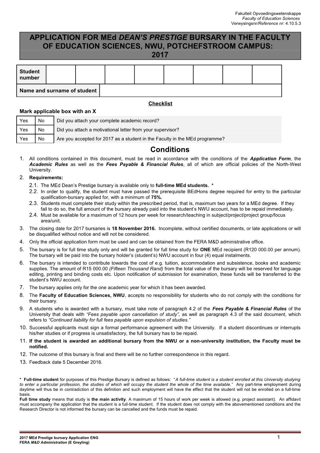 Application for a Post Graduate Nwu Bursary: 2008