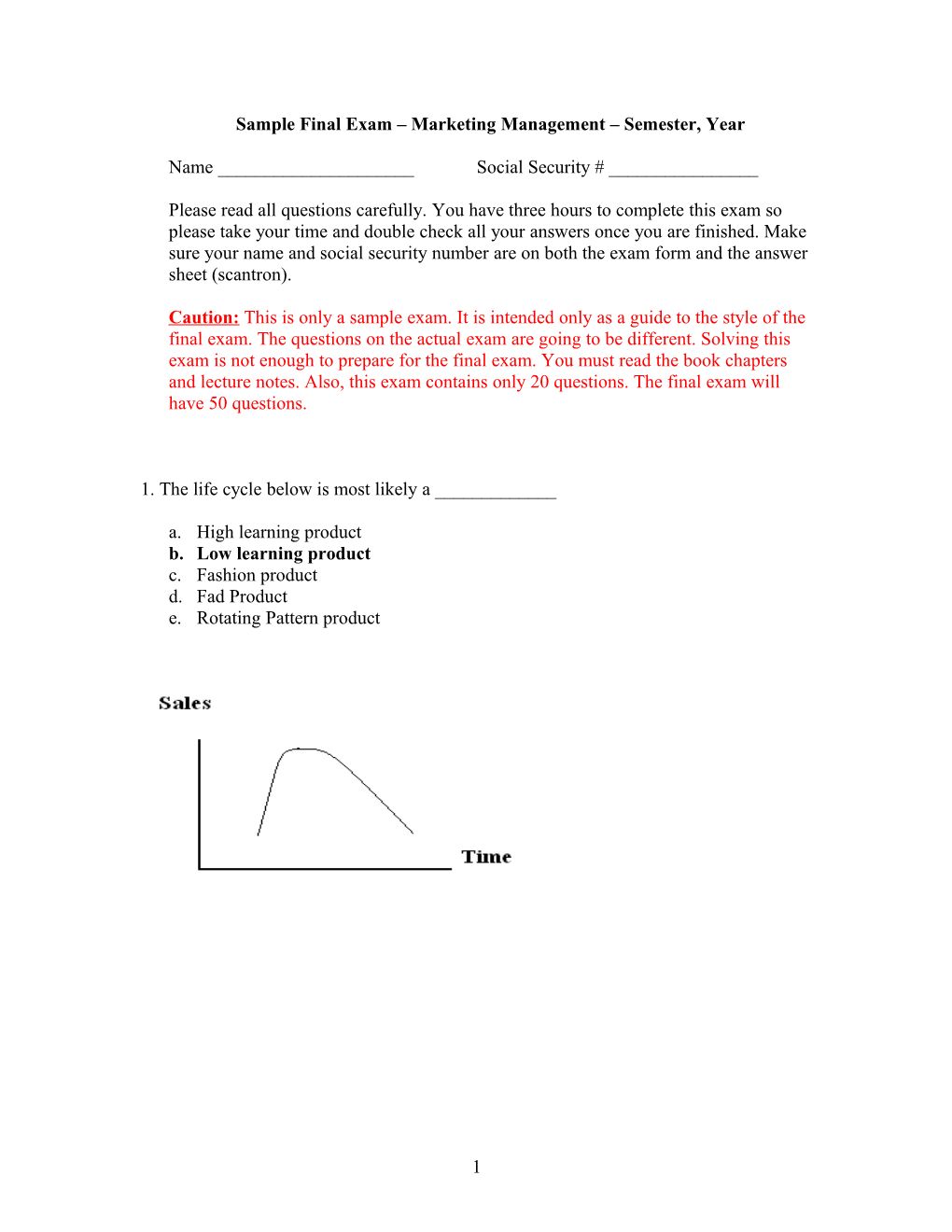 Sample Final Exam Marketing Management Semester, Year