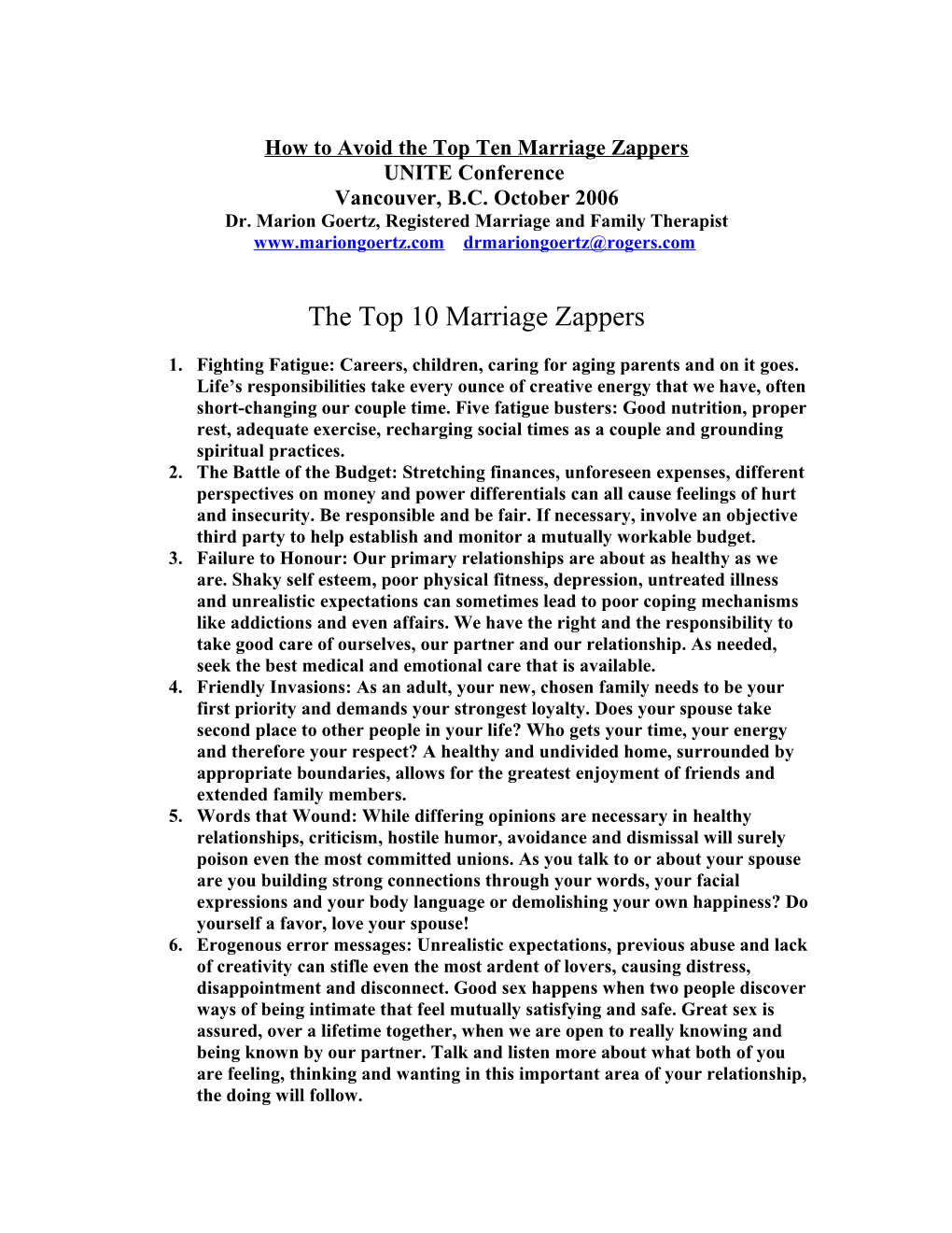 How to Avoid the Top Ten Marriage Zappers