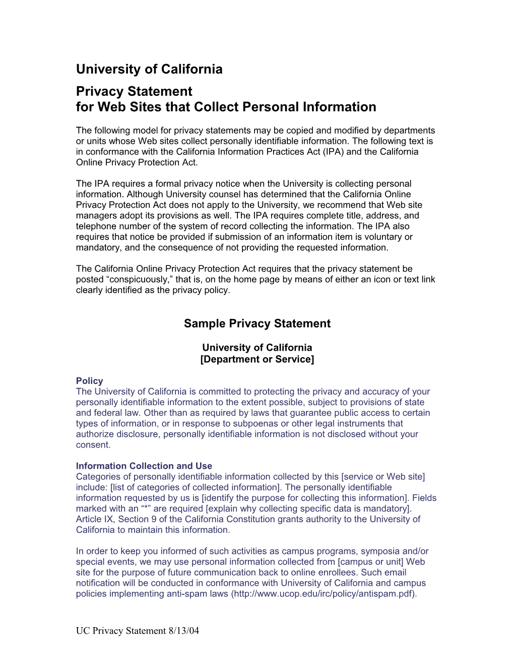 Privacy Statement for University of California, Berkeley Websites