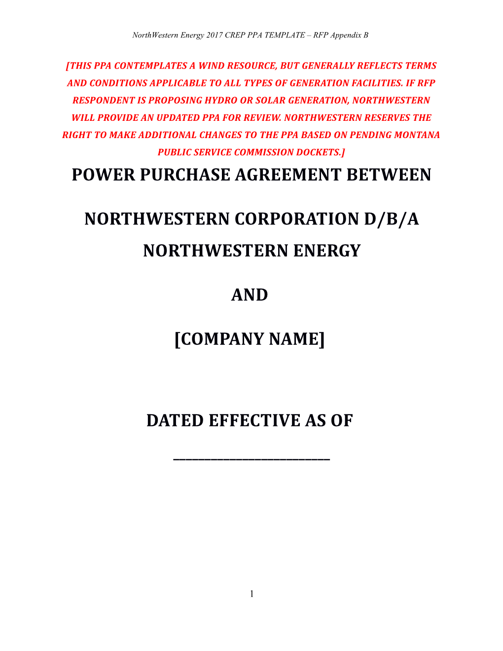 Northwestern Energy 2017 CREP PPA TEMPLATE RFP Appendix B