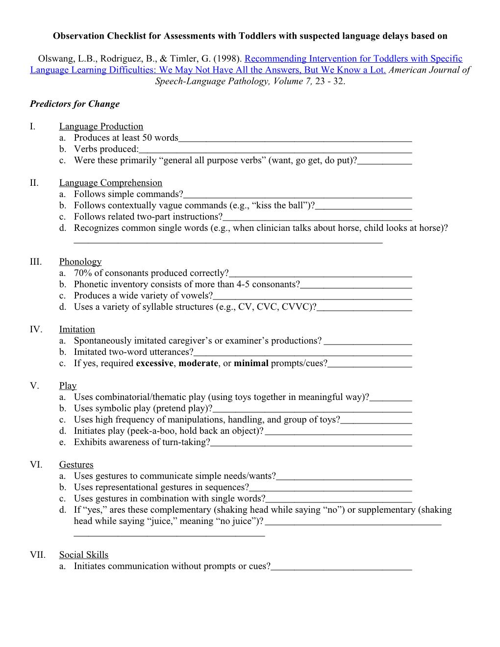 Observation Checklist for Assessments with Toddlers with Suspected Language Delays Based On
