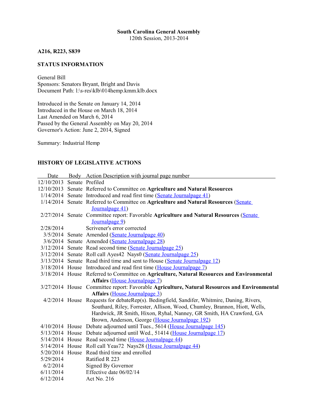 2013-2014 Bill 839: Industrial Hemp - South Carolina Legislature Online