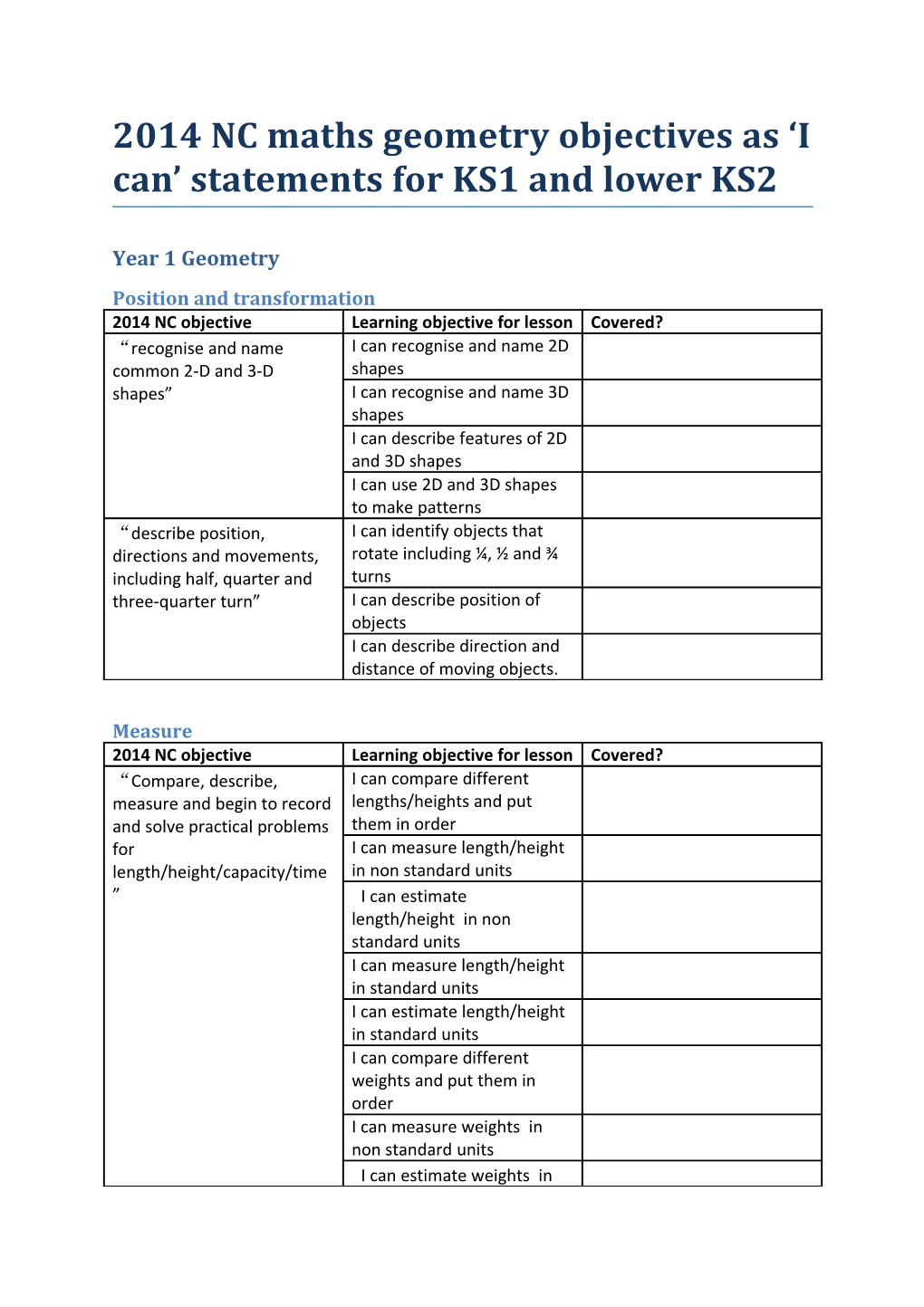 2014 NC Maths Geometry Objectives As I Can Statements for KS1 and Lower KS2