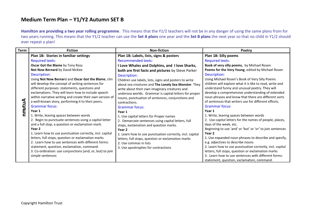 Medium Term Plan Y1/Y2 Autumn SET B