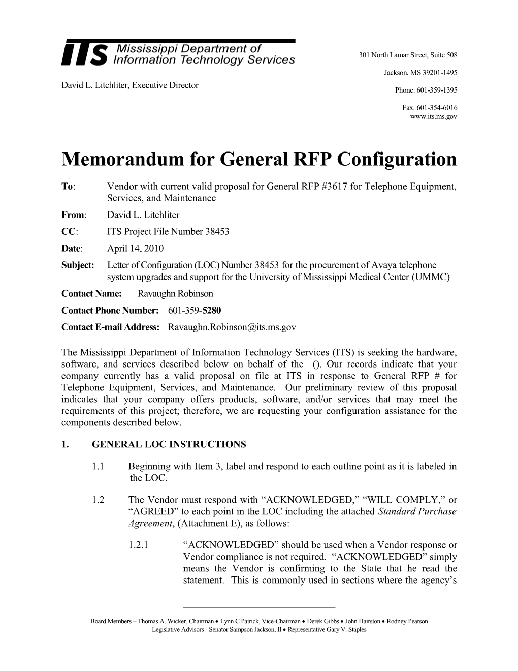 Memorandum for General RFP Configuration s6