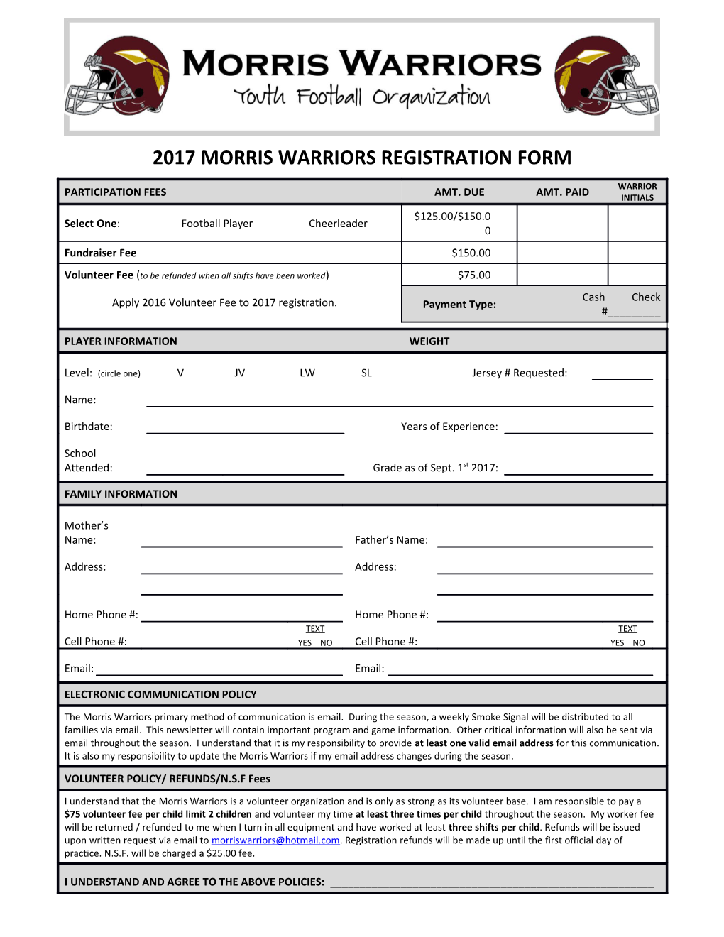 2017 Morris Warriors Registration Form